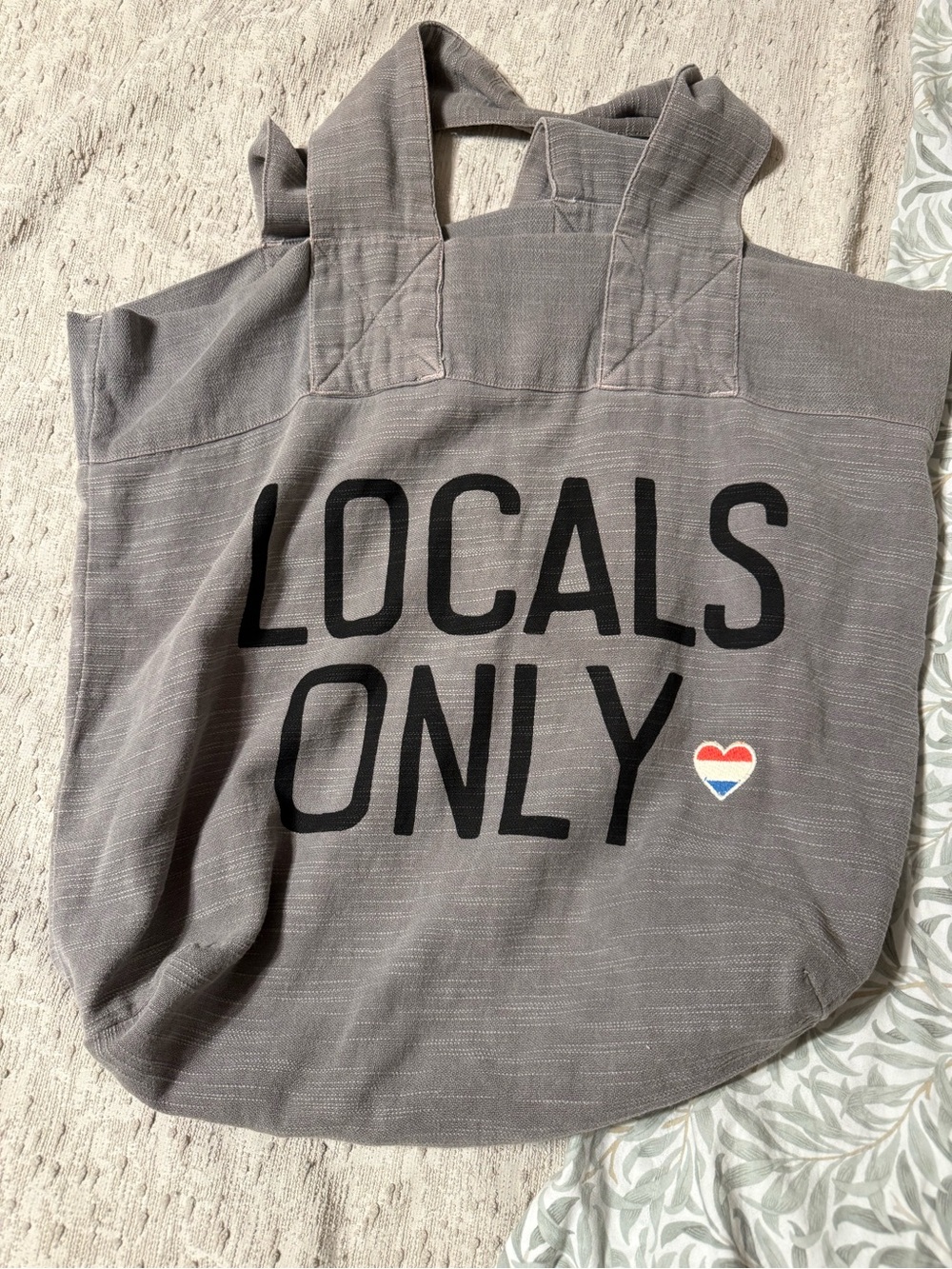 Sundry Gray Tote Bag with Black Lettering and Red-White-Blue Heart